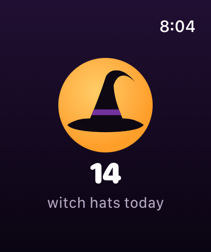 The WitchCatcher Apple Watch app: a witch hat over the moon, and 14 witch hats today