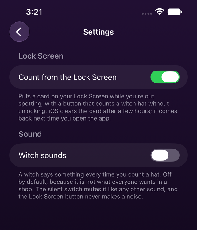 WitchCatcher's Settings screen, with the Count from the Lock Screen switch turned on