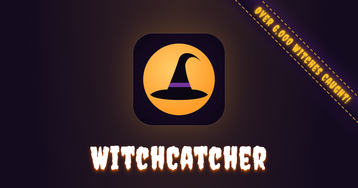 The WitchCatcher home page, with the sash across its corner reading Over 6,000 Witches Caught!